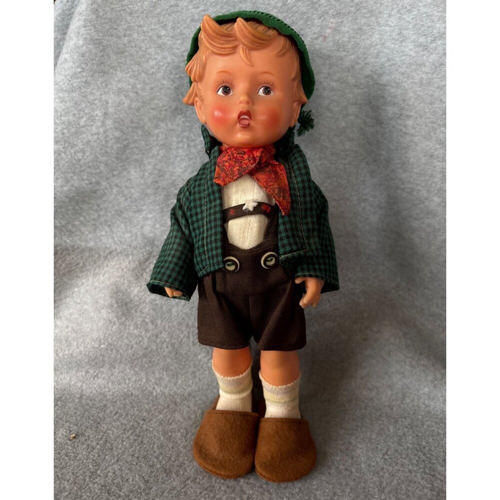 Vintage Goebel Hummel Vinyl School Boy Doll 11" Tall Green Jacket & Felt Hat